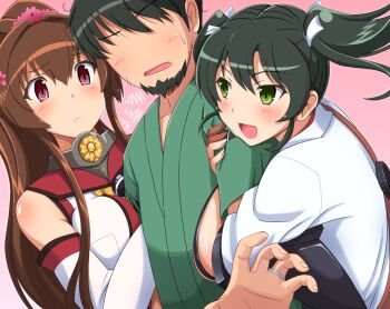 10s 1boy 2girls arm_hug artist_self-insert bad_id bad_pixiv_id black_hair breasts brown_hair detached_sleeves faceless faceless_male flower girl_sandwich green_eyes japanese_clothes jealous kantai_collection large_breasts long_hair md5_mismatch multiple_girls ponytail red_eyes sandwiched shin'en-san_(shin'en) shin'en_(gyokuro_company) short_hair twintails yamato_(kancolle) zuikaku_(kancolle)