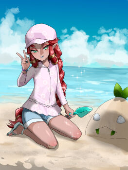 1girl alternate_costume aqua_sandals beach bead_bracelet beads blue_shorts blue_sky bracelet commentary_request contemporary dark-skinned_female dark_skin full_body gerudo green_eyes hat highres holding_trowel horizon jacket jewelry kneeling long_hair nintendo ocean pink_hat pink_jacket pointy_ears red_hair riju sand_sculpture sandals short_shorts shorts sidelocks sky solo the_legend_of_zelda the_legend_of_zelda:_breath_of_the_wild v very_long_hair wasabi_(legemd)