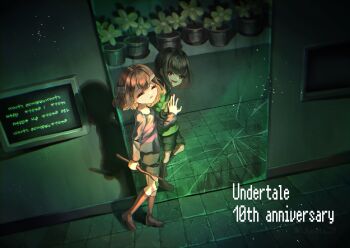 2others anniversary bandaged_head bandages black_shorts blue_shirt broken_mirror chara_(undertale) closed_eyes commentary_request copyright_name different_reflection double_horizontal_stripe english_text flower flower_pot frisk_(undertale) green_shirt harumachi_kanata highres holding holding_stick long_sleeves looking_at_viewer mirror multiple_others other_focus red_eyes reflection screen shirt short_hair shorts smile stick striped_clothes striped_shirt tile_floor tiles undertale utdr_(toby_fox) yellow_flower