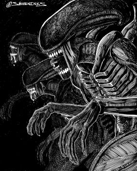 alien alien_(series) commentary_request greyscale hatching_(texture) highres instagram_username monochrome monster nested_mouths no_humans open_mouth saliva seveninks spanish_commentary xenomorph