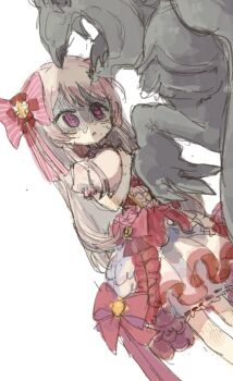 1girl blonde_hair breasts chaos_marie_(grimms_notes) gargoyle gargoyle_(grimms_notes) grimms_notes highres large_breasts long_hair lying monster pink_eyes touka_13 white_background