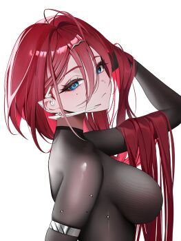 1girl absurdres black_bodystocking blue_eyes bodystocking breasts goddess_of_victory:_nikke hair_between_eyes headset hezzu_0 highres logey_(nikke) long_hair looking_at_viewer mole mole_under_eye red_hair simple_background solo torn_bodystocking torn_clothes upper_body very_long_hair white_background