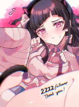 1girl animal_ears apron bandaged_arm bandaged_leg bandages blush breasts cat_ears cat_tail collared_shirt danganronpa_(series) danganronpa_2:_goodbye_despair fake_animal_ears flying_sweatdrops hakumai_(mgmg_okomee) highres large_breasts long_hair looking_at_viewer mole mole_under_eye panties pink_shirt shiny_skin shirt short_sleeves solo sweat tail teeth thank_you tsumiki_mikan underwear white_panties