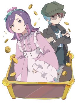 Rule 34 | 2girls, blue hair, closed mouth, coin, commentary request, crossed arms, dot (pokemon), dress, eevee backpack, frilled dress, frills, gold coin, grey eyes, hair ornament, hair ribbon, highres, holding, long hair, long sleeves, looking at viewer, mizu 251, multicolored hair, multiple girls, nintendo, open mouth, penny (pokemon), pink dress, pink hair, pokemon, pokemon (anime), pokemon horizons, puffy sleeves, purple eyes, purple hair, red hair, ribbon, round eyewear, shirt, short hair, simple background, sunglasses, sweatdrop, treasure, treasure chest, two-tone hair, white background