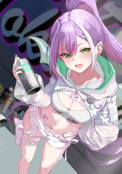 1girl :d a10_(avxv8374) absurdres bandeau blush breasts chest_belt cleavage colored_inner_hair commentary cowboy_shot demon_girl demon_tail demon_wings double-parted_bangs ear_chain earclip fangs from_above green_eyes hair_between_eyes high_ponytail highres hip_tattoo holding holding_spray_can hololive hooded_shrug linked_piercing long_hair long_sleeves medium_breasts multicolored_hair navel navel_piercing official_alternate_costume official_alternate_hairstyle open_mouth piercing pink_hair ponytail pouch puffy_long_sleeves puffy_sleeves purple_hair ribbed_bandeau see-through_clothes see-through_sleeves short_shorts shorts shrug_(clothing) smile solo spray_can stomach streaked_hair tail tattoo teeth thigh_pouch thigh_strap tokoyami_towa tokoyami_towa_(cyberpunk) upper_teeth_only very_long_hair virtual_youtuber white_bandeau white_shorts white_shrug white_streaks white_wings winged_heart winged_heart_tattoo wings