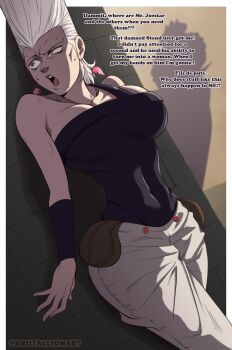 absurdres breasts brick_wall earrings emporio_ivankov genderswap genderswap_(mtf) grey_eyes highres jean_pierre_polnareff jewelry jojo_no_kimyou_na_bouken kristallion large_breasts open_mouth sweat sweatdrop tank_top text_focus white_hair