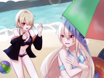 2girls ball beach beachball blonde_hair brown_hair commentary_request covering_breasts covering_privates heaven_burns_red highres innertube kayamori_ruka long_hair multiple_girls shirakawa_yuina short_hair sugarkohaku swim_ring swimsuit umbrella