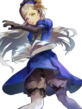 Rule 34 | 1girl, 4me3ba niku, black gloves, blue dress, book, closed mouth, dress, elbow gloves, floating hair, gloves, highres, lavenza (persona 5), lips, long hair, looking at viewer, open book, persona, persona 5, puffy short sleeves, puffy sleeves, short sleeves, simple background, solo, white background, yellow eyes