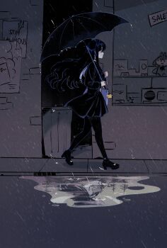 1girl absurdres bag black_choker black_dress black_hair black_pantyhose black_shoes black_umbrella bow choker closed_mouth commentary cross cross_earrings dress earrings english_commentary footwear_bow from_side grey_eyes high_heels highres holding holding_bag holding_umbrella jewelry long_hair long_sleeves original outdoors pantyhose puddle rain reflection reflective_liquid ryuuxin sadie_(ryuuxin) shoes sidewalk smile solo_focus standing trash_can umbrella walking white_bow