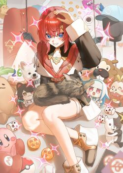 Rule 34 | 3girls, ange katrina, ange katrina (1st costume), animal, animal on lap, ankle boots, arm up, bare legs, bat wings, bidoof, birthday cake, black coat, blue eyes, blush, boots, brown cat, cake, cardigan, cat, cat on lap, censored, chibi, coat, commentary request, danganronpa (series), detached wings, dog, doidamon, dragon ball, dragon ball (object), fake wings, food, fuecoco, gen 4 pokemon, goblin gnome horn, grin, hair between eyes, hair intakes, hair ornament, highres, inkling (swim form), inui toko, kirby, kirby (series), lize helesta, long sleeves, looking at viewer, mandragora (ange katrina), mario (series), mario hat, marshmallow (site), medium hair, mini wings, monokuma, mosaic censoring, multiple girls, nekbi (goblin gnome horn), nijisanji, nintendo, off shoulder, official alternate costume, on lap, poke ball, poke ball (basic), pokemon, pornography, red cardigan, red hair, sanbaka (nijisanji), sitting, smile, solo focus, sparkle, splatoon (series), triangle hair ornament, virtual youtuber, white boots, white dog, wings