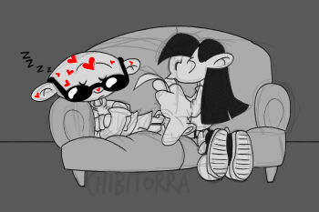 2024 artist_request asian bald cartoon_network chibitorra codename:_kids_next_door couch heart heart_sticker non-web_source numbuh_1 numbuh_3 oversized_clothes sleeping sticker sticker_on_face sunglasses