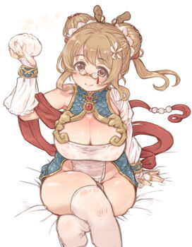 Rule 34 | 1girl, 7010, steamed bun, blush, breasts, brown eyes, brown hair, china dress, chinese clothes, cleavage, detached sleeves, double bun, dress, flower, food, green scales, groin, hair bun, hair flower, hair ornament, holding, holding food, idolmaster, idolmaster cinderella girls, large breasts, long hair, mimura kanako, pelvic curtain, plump, red scarf, round eyewear, scarf, single bare shoulder, sitting, smile, solo, thick thighs, thighhighs, thighs, white thighhighs