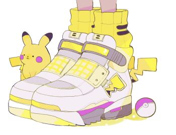 Rule 34 | 1other, commentary, cropped legs, english commentary, gen 1 pokemon, highres, nintendo, pepparmint310, pikachu, pikachu tail, poke ball, pokemon, pokemon tail, shadow, shoes, sneakers, socks, tail, white background, white shoes, yellow socks, yellow theme