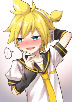 1boy aroeruji3 blonde_hair blue_eyes blush detached_sleeves headset highres kagamine_len male_focus necktie open_mouth shirt solo sweatdrop vocaloid white_shirt yellow_nails yellow_necktie