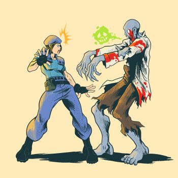 Rule 34 | 1girl, absurdres, beret, black gloves, blood, blue eyes, blue hat, blue pants, blue shirt, brown hair, fingerless gloves, gloves, hat, highres, jill valentine, marvel vs. capcom, marvel vs. capcom 2, mcduckillustration, open mouth, pants, resident evil, resident evil 1, shirt, shoulder pads, simple background, torn clothes, zombie