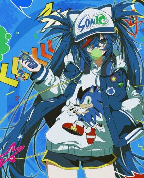 1girl 2000s_(style) :o alternate_eye_color animal_hat audio_jack badge bar_phone baseball_cap ben-day_dots black_shorts blowing_bubble_gum blue_hair blue_hat blue_jacket button_badge cat_hat cellphone character_charm character_print charm_(object) chewing_gum commentary contrapposto cowboy_shot crossed_bangs dolphin_shorts doodle_inset drawstring empty_eyes film_grain floating_clothes floating_hair green_eyes hair_between_eyes hand_in_pocket hat hatsune_miku head_tilt headphones headphones_around_neck heart highres holding holding_phone hood hoodie jacket jacket_over_hoodie letterman_jacket long_hair looking_at_viewer multicolored_jacket open_clothes open_jacket parted_lips phone pierced_hat print_hoodie red_streaks screentones short_shorts shorts sidelocks solo sonic_(series) sonic_the_hedgehog spiked_hair star_(symbol) twintails two-tone_hat two-tone_jacket very_long_hair vocaloid white_hat white_hood white_jacket wogyu