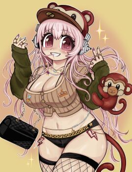 Rule 34 | 1girl, animal, arm warmers, black bag, black panties, breasts, brown shirt, buttons, cleavage, collarbone, commentary, english commentary, fake tail, fishnets, green arm warmers, hand up, headphones, highres, huge breasts, jewelry, light blush, lightning bolt symbol, long hair, looking at animal, midriff, monkey, monkey hat, monkey tail, multicolored nails, multiple rings, navel, necklace, nitroplus, orange background, panties, pink eyes, pink hair, plushvampy, ring, shirt, smile, sparkle, striped clothes, striped shirt, super sonico, tail, teeth, underwear, v, vertical-striped clothes, vertical-striped shirt
