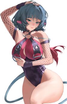 1girl absurdres animal_ears black_hair black_one-piece_swimsuit breasts commentary_request fishnet_sleeves fishnets green_eyes highres jane_doe_(nocturne_of_light)_(zenless_zone_zero) jane_doe_(zenless_zone_zero) large_breasts looking_at_viewer mouse_ears mouse_girl mouse_tail multicolored_hair nery_(nerypaint) official_alternate_costume one-piece_swimsuit red_hair simple_background smile solo swimsuit tail thighs two-tone_hair white_background zenless_zone_zero