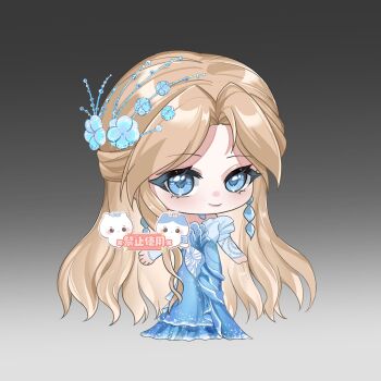 1girl bars beads black_background blonde_hair blue_arm_warmers blue_dress blue_eyes blue_flower chibi closed_mouth dress earrings eyelashes flower frilled_dress frills gown gradient_background hair_flower hair_ornament happy highres infinity_nikki jewelry light_blush lips long_dress long_hair looking_at_viewer necklace nikki_(series) parted_bangs sample_watermark simple_background single_sidelock smile solo standing strapless strapless_dress very_long_hair watermark wavy_hair whispers_of_waves_(infinity_nikki) xinjinjumin388925569805