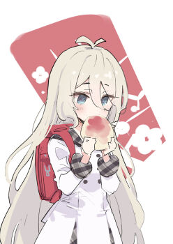 Rule 34 | 1girl, antenna hair, backpack, bag, blue eyes, buttons, commentary request, cowboy shot, double-breasted, dress, eating, food, grey sailor collar, holding, holding food, ito ryo, kokkoro (princess connect!), kokkoro (real) (princess connect!), long sleeves, plaid clothes, plaid sailor collar, pleated dress, princess connect!, randoseru, red bag, sailor collar, sailor dress, senbei, solo, white dress