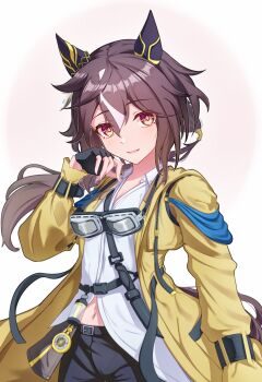 1girl 1m5papa absurdres animal_ears belt black_belt black_gloves black_hair black_pants blush brown_eyes brown_hair coat commentary_request compass ear_covers fingerless_gloves gloves goggles goggles_around_neck hair_between_eyes highres horse_ears horse_girl horse_tail knife_sheath long_hair looking_at_viewer multicolored_hair navel pants parted_lips sheath shirt smile solo stay_gold_(sunlit_outsider)_(umamusume) stay_gold_(umamusume) tail umamusume white_hair white_shirt wrist_belt yellow_coat