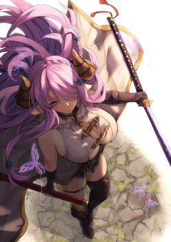 1girl asymmetrical_gloves asymmetrical_legwear black_boots blue_eyes boots braid breasts bug butterfly butterfly_hair_ornament cleavage closed_mouth coat draph elbow_gloves fingerless_gloves from_above gloves granblue_fantasy hair_ornament hair_over_one_eye highres holding holding_sheath holding_sword holding_weapon horns insect katana knee_boots large_breasts long_hair narmaya_(granblue_fantasy) path pointy_ears purple_hair road sheath sideboob single_braid single_elbow_glove single_knee_boot single_thigh_boot sleeveless sleeveless_coat solo stone_floor sword thigh_boots thigh_strap uneven_gloves uneven_legwear unsheathed walking weapon white_coat yude