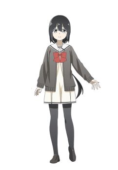 Rule 34 | 1girl, black cardigan, black hair, black shoes, blunt bangs, bow, bowtie, cardigan, closed mouth, dress, full body, grey eyes, loafers, long hair, long sleeves, looking at viewer, low ponytail, official art, pantyhose, pleated dress, ponytail, red bow, red bowtie, sailor collar, sanshuu middle school uniform, school uniform, second-party source, shoes, simple background, smile, solo, standing, tachi-e, tougou mimori, transparent background, white dress, yuuki yuuna wa yuusha de aru, yuusha de aru