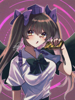 1girl bird_wings black_bow black_bowtie bow bowtie breasts brown_eyes brown_hair collared_shirt commentary_request frilled_shirt_collar frills hair_bow hat highres himekaidou_hatate holding holding_phone konpota_(pixiv_113398422) long_hair looking_at_viewer medium_breasts open_mouth phone puffy_short_sleeves puffy_sleeves purple_bow purple_hat shirt short_sleeves signature solo tokin_hat touhou twintails white_shirt wings