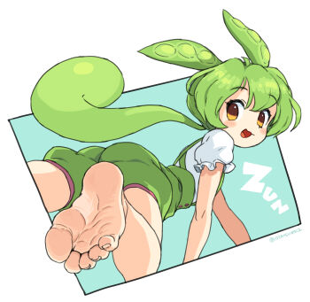 1girl absurdres artist_name ass bare_legs barefoot brown_eyes dutch_angle feet female_focus foot_out_of_frame from_behind gluteal_fold green_hair green_shorts highres looking_at_viewer looking_back open_mouth oyatsu_(mk2) shirt short_sleeves shorts smile soles solo suspender_shorts suspenders thighs toenails toes voicevox white_shirt zundamon