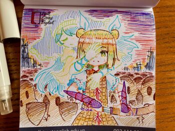 2girls absurdres arm_ribbon armor armored_dress art_tools_in_frame blonde_hair blue_hair closed_eyes closed_mouth commentary_request double_bun dress green_eyes hair_bun haniwa_(statue) haniyasushin_keiki highres holding holding_sword holding_weapon hug hug_from_behind joutouguu_mayumi long_hair looking_at_viewer multiple_girls photo_(medium) puffy_short_sleeves puffy_sleeves ribbon sheath short_sleeves smile suteruko sword touhou traditional_media unsheathing vambraces very_long_hair weapon yellow_armor yellow_dress