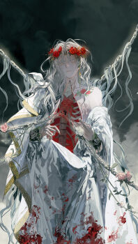1boy absurdres blood blood_on_clothes bone chain cuts dark_background exposed_bone flower flower_tattoo fog gold_trim guro hair_between_eyes hair_flower hair_ornament heart_(organ) highres injury long_hair looking_at_viewer original parted_lips pink_flower red_flower red_nails ribs ringein single_bare_shoulder solo spine tattoo very_long_hair white_eyes white_flower white_hair