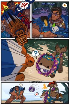 Rule 34 | ..., 1boy, ?, absurdres, arm hair, ball, bara, beachball, commentary, english commentary, fins, fish tail, flower, flower necklace, gun, heart, highres, holding, holding gun, holding weapon, jeff (marvel), jeff the land shark, jeff the land shark (sunshine land shark), jewelry, lei, male focus, marvel, marvel rivals, necklace, official alternate costume, saliva, shark, shark fin, shark tail, snapperoni, speech bubble, spoken ellipsis, spoken heart, spoken question mark, sunglasses, tail, the punisher (character), the punisher (series), weapon