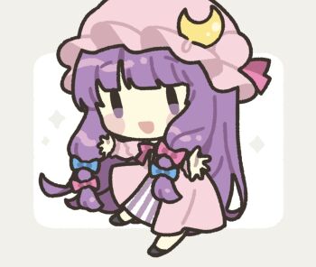 Rule 34 | 1girl, :d, black shoes, blue bow, blush stickers, border, bow, bowtie, chibi, chibi only, coat, commentary request, crescent, crescent hat ornament, dress, grey border, hair bow, hat, hat ornament, hat ribbon, kagome f, long hair, long sleeves, mob cap, open clothes, open coat, open mouth, outside border, patchouli knowledge, pink bow, pink bowtie, pink coat, pink ribbon, purple dress, purple eyes, purple hair, ribbon, shoes, sidelocks, smile, solo, sparkle, striped clothes, striped dress, touhou, two-tone dress, vertical-striped clothes, vertical-striped dress, white background, white dress