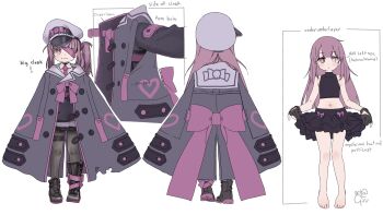 1girl absurdres artist_name asymmetrical_footwear back_bow barefoot black_boots black_coat black_gloves black_skirt boots bow closed_mouth coat collared_shirt covered_collarbone eyepatch fallenshadow fallenshadow_(military) girutea gloves grey_eyes grey_hat hat heart heterochromia highres indie_virtual_youtuber long_hair multiple_views necktie pantyhose partially_fingerless_gloves petticoat pink_necktie pocket purple_bow purple_eyes purple_hair shirt side_ponytail skirt sleeves_past_fingers sleeves_past_wrists virtual_youtuber white_shirt