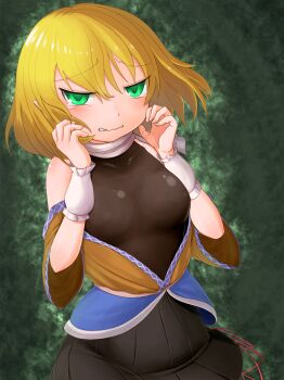 1girl arm_warmers black_shirt black_skirt blonde_hair blush breasts brown_shirt clenched_teeth commentary_request cowboy_shot green_background green_eyes hands_up harunoha highres looking_at_viewer medium_breasts mizuhashi_parsee off_shoulder pleated_skirt pointy_ears raised_inner_eyebrows scarf shirt short_hair short_sleeves skirt solo tearing_up teeth touhou undershirt white_scarf