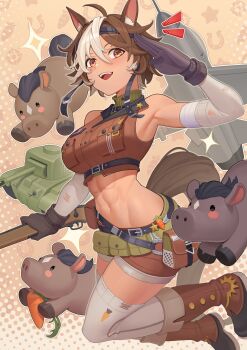 1girl absurdres animal_ears black_gloves brown_eyes brown_hair brown_jacket brown_shorts cropped_jacket gloves highres horse_ears horse_girl indie_virtual_youtuber jacket looking_at_viewer multicolored_hair open_mouth rumbee shorts smile solo streaked_hair tomoe_umari tomoe_umari_(1st_costume) virtual_youtuber white_streaks