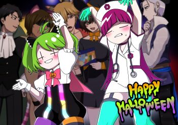 Rule 34 | + +, 3girls, 4boys, = =, absurdres, ahoge, alternate hairstyle, aqua thighhighs, arm up, arms up, asymmetrical legwear, blurry, blurry background, blush, bow, bowtie, capelet, character request, chatgpt, chatgpt-tan, clenched teeth, closed eyes, clothing request, coat, cowboy shot, garter straps, gender request, gloves, green gloves, green hair, happy halloween, hat, highres, lab coat, long hair, manager (inmu), manatsu no yo no inmu, mismatched legwear, multiple boys, multiple girls, nurse, nurse cap, outstretched arms, outstretched hand, personification, pink bow, pink bowtie, pink capelet, puffy short sleeves, puffy sleeves, purple hair, rubber gloves, short hair, short sleeves, short twintails, skindentation, smile, stethoscope, sweatdrop, takuya (acceed), teeth, thighhighs, tone sphere, trin (tone sphere), twintails, very long hair, white coat, white gloves, yamaimosatoimo, zombie pose