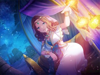 Rule 34 | 1girl, blue eyes, bracelet, brown hair, dress, forehead, game cg, hand up, headpiece, honami hisame, jewelry, lamp, looking at viewer, medium hair, necklace, night, official art, parted lips, pointing, shoujo kageki revue starlight, shoujo kageki revue starlight -re live-, sitting, solo, upper body, veil, wavy hair, white dress