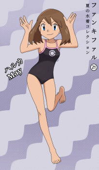 1girl absurdres armpits barefoot black_one-piece_swimsuit blue_eyes breasts brown_hair casual_one-piece_swimsuit character_name collarbone covered_navel eyelashes fankifalu feet feet_up female_focus full_body hands_up happy highres japanese_text knees leaning_to_the_side legs looking_at_viewer may_(pokemon) medium_hair neck nintendo no_headwear one-piece_swimsuit poke_ball_symbol pokemon pokemon_rse print_swimsuit purple_background sidelocks small_breasts smile standing standing_on_one_leg swept_bangs swimsuit thighs tiptoes toenails toes