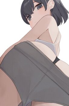1girl ass black_eyes black_hair black_panties bra clothes_pull commentary grey_shorts highres hiroki_(yyqw7151) looking_at_viewer original panties shorts shorts_pull simple_background solo underwear white_background white_bra