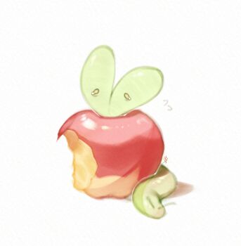 absurdres apple applin bite_mark commentary crying food fruit gen_8_pokemon highres nintendo no_humans onimiere pokemon pokemon_(creature) pokemon_focus pokemon_swsh tail tears white_background worm wyrm yellow_eyes