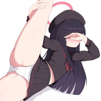 1girl absurdres bare_legs beret black_hair black_serafuku black_skirt blue_archive blush hat highres io9 justice_task_force_member_(blue_archive) loli long_hair looking_at_viewer panties school_uniform serafuku simple_background skirt solo underwear white_background white_panties
