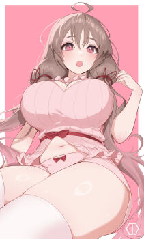 1girl ahoge babydoll bare_shoulders blush breasts brown_hair cleavage highres large_breasts long_hair looking_at_viewer low_twintails navel open_mouth pink_babydoll pink_eyes pink_shorts short_shorts shorts solo sweet_home_maid thighhighs thighs twintails white_thighhighs yaman