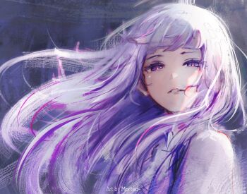 Rule 34 | 1girl, artist name, blunt bangs, commentary, fern (sousou no frieren), floating hair, highres, long hair, looking at viewer, morted art, purple eyes, purple hair, solo, sousou no frieren, upper body