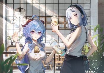 2girls absurdres alternate_costume bag bare_shoulders blue_hair chair dress drink drinking_straw ganyu_(genshin_impact) ganyu_(heytea)_(genshin_impact) genshin_impact handbag highres horns multiple_girls shenhe_(genshin_impact) shenhe_(heytea)_(genshin_impact) shirt tongyu white_dress white_shirt window