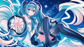 1girl amagi_hana aqua_eyes aqua_hair aqua_nails aqua_ribbon black_skirt black_thighhighs blush detached_sleeves foot_out_of_frame gradient_hair hair_between_eyes hair_ornament hatsune_miku hatsune_miku_(nt) high_heels highres long_hair long_sleeves looking_at_viewer miniskirt multicolored_hair night night_sky official_alternate_costume outdoors pumps ribbon see-through_clothes see-through_sleeves shirt skirt sky sleeveless sleeveless_shirt smile solo thighhighs twintails very_long_hair vocaloid white_hair white_shirt