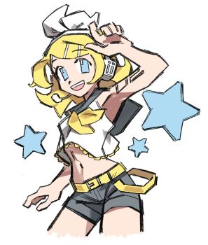 Rule 34 | belt, blonde hair, blue eyes, hair ornament, hair ribbon, hairclip, headset, kagamine rin, midriff, navel, ribbon, short hair, shorts, smile, star (symbol), starrymarii, vocaloid, white background