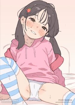 1girl black_hair highres hood hoodie legs loli original panties possummachine sitting sweat thighhighs thighs twintails underwear white_panties