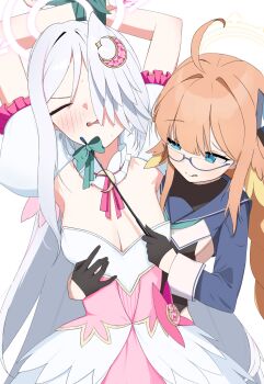 2girls :q absurdres ahoge arms_up black_gloves blue_archive blue_eyes blue_shrug bound bound_wrists crescent crescent_hair_ornament dress glasses gloves grey_hair hair_ornament halo head_wings highres holding holding_riding_crop long_hair long_sleeves mintchoco_(minchothudong) multiple_girls open_mouth orange_hair pink_dress puffy_short_sleeves puffy_sleeves riding_crop semi-rimless_eyewear shimiko_(blue_archive) shimiko_(magical)_(blue_archive) short_sleeves shrug_(clothing) simple_background single_head_wing suzumi_(blue_archive) suzumi_(magical)_(blue_archive) tongue tongue_out under-rim_eyewear very_long_hair white_background white_dress wings yellow_halo yuri