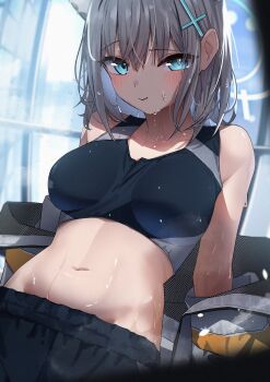 1girl absurdres animal_ear_fluff animal_ears blue_archive blue_eyes blue_halo blush breasts cocked_eyebrow cross_hair_ornament extra_ears grey_hair hair_ornament halo highres kazu_(kauk3753) looking_at_viewer medium_breasts medium_hair mismatched_pupils navel shiroko_(blue_archive) solo sports_bra sweat wolf_ears